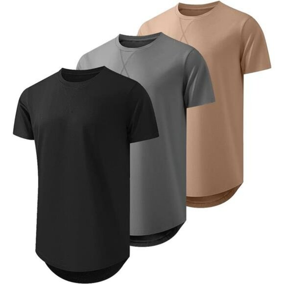 Mens Longline T Shirt Pack of 3 Crewneck Hip Hop Cotton Short Sleeve Tee Set - Picture 1 of 7